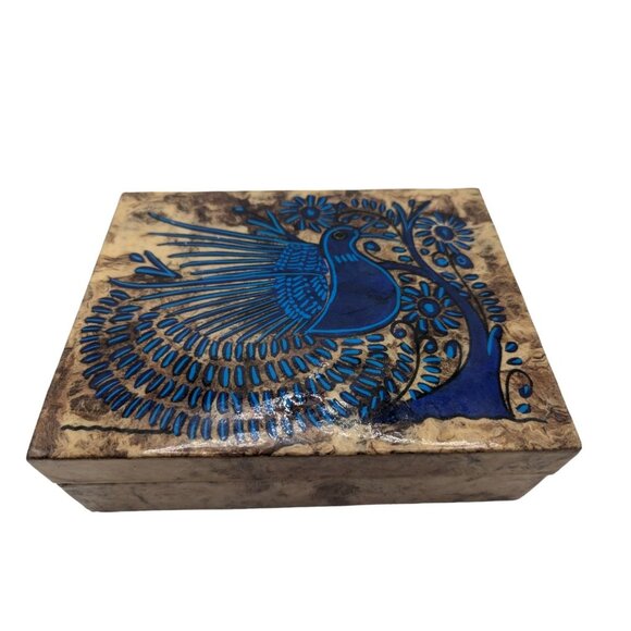 VTG Handmade Amati Painted Bark Box With Blue Peacock Design & Hinged Lid - Picture 9 of 12